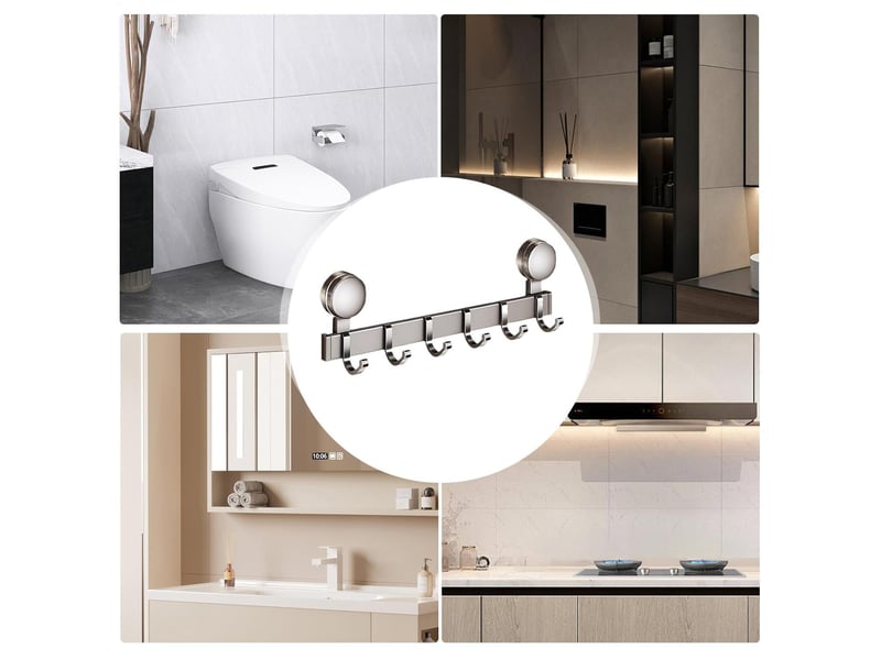 Crochet à ventouse 6 crochets support multifonctionnel de rangement sans perforation cuisine salle de bain à solide, gris - Conforama C