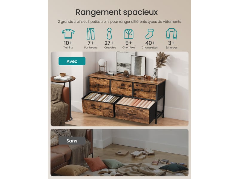 Commode à 5 tiroirs de rangement pour chambre à coucher, meuble de rangement, acier, mdf, tissu non tissé, pour chambre à coucher, placard, couloir, salon, marron rustique et noir encre - Conforama D