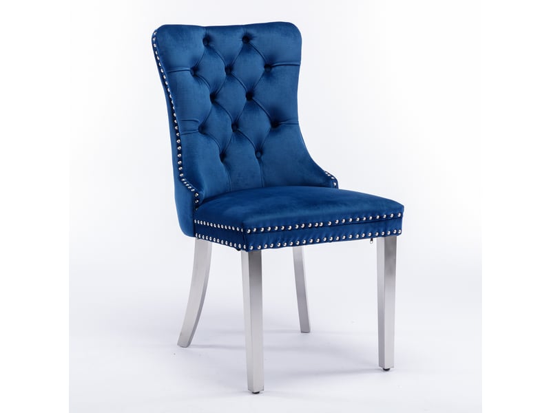 Lot de 2 chaises 62x50x95 cm de salle à manger, velours bleu, dossier haut, mousse, structure en bois, pieds réglables - Conforama A