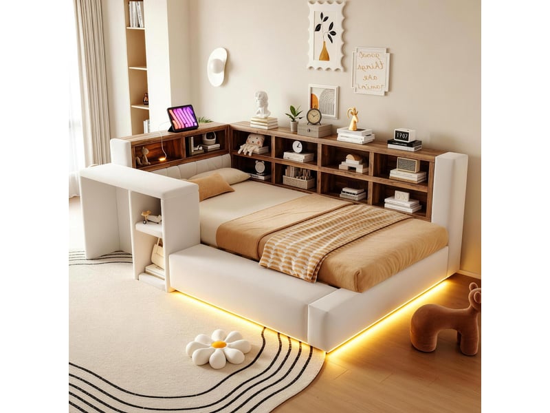 Lit simple 90x200 cm, lit enfant, table de chevet, led, tête de lit avec rangement, beige  - Conforama A