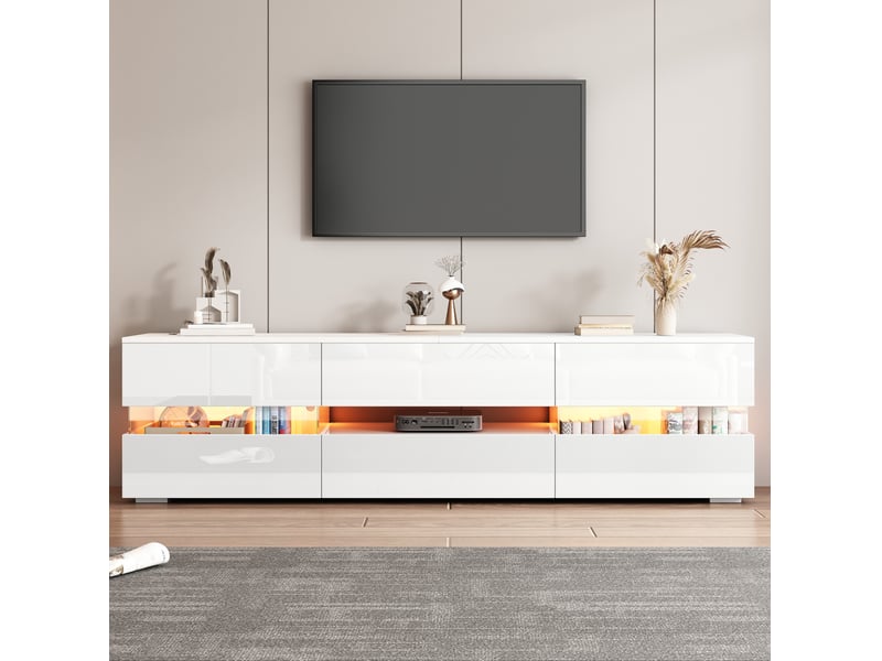  Meuble tv blanc brillant 160 x 39 x 45 cm avec led, 2 portes et 1 tiroir  - Conforama B
