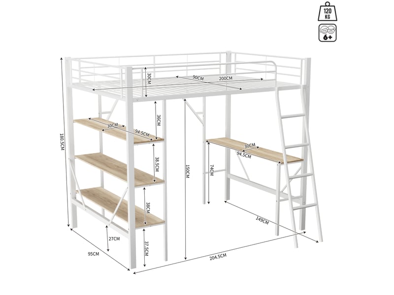  Lit mezzanine 90x200cm, table, sommier en métal, lit simple, 3 étagères rangement, blanc, sans matelas  - Conforama C