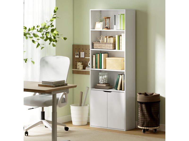  Bibliothèque armoire à livres avec 4 compartiments ouverts et 2 portes pour le salon et le bureau 59x29x180 cm blanc  - Conforama C