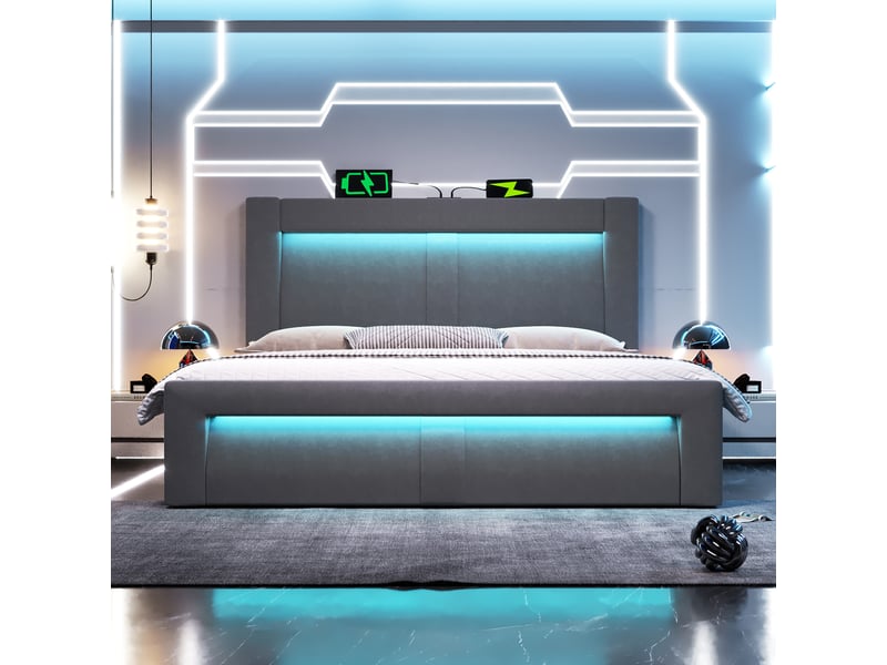  Lit adulte 160 x 200 cm coffre hydraulique, éclairage led pilotable via appli, tête de lit en velours gris, sans matelas  - Conforama B