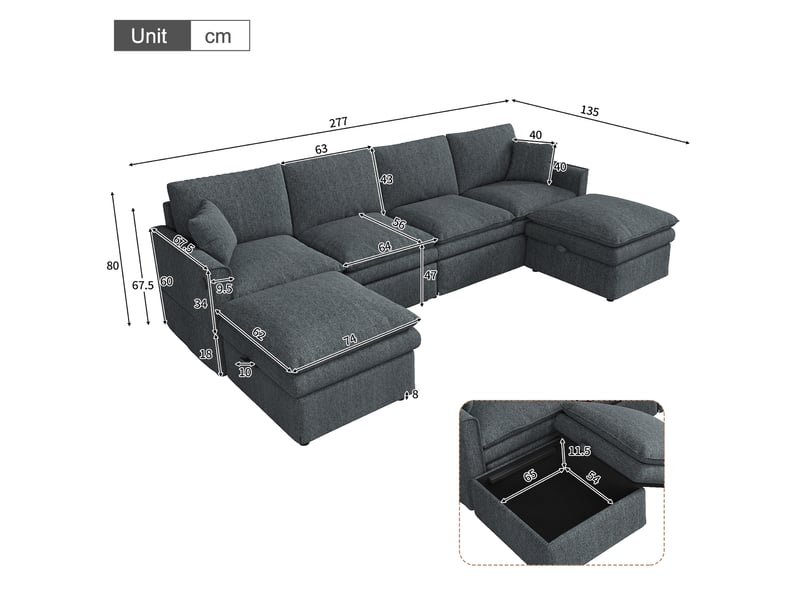  Canapé panoramique modulable 6 places avec 2 poufs de rangement et ports usb, en tissu coton-lin gris  - Conforama C