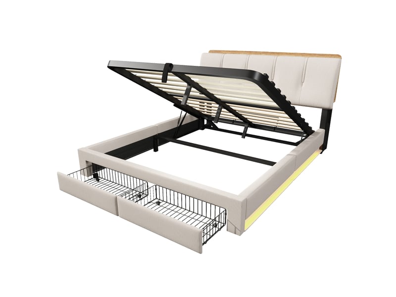  Lit capitonné, 140 x 200 cm, suspension hydraulique, avec port usb type-c, sans matelas, rangement multifonctionnel, éclairage led, commande par bouton-poussoirapplication, lin, beige  - Conforama E
