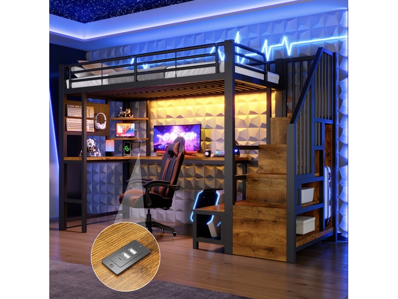  Lit mezzanine 90 × 200 cm avec bureau, étagères, led, usb et type-c, sans matelas, métal et mdf noir  - Conforama C