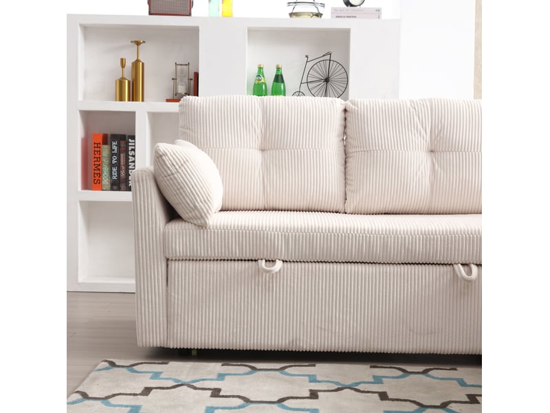  Canapé d'angle modulable convertible 3 places avec rangement, en velours côtelé beige  - Conforama D