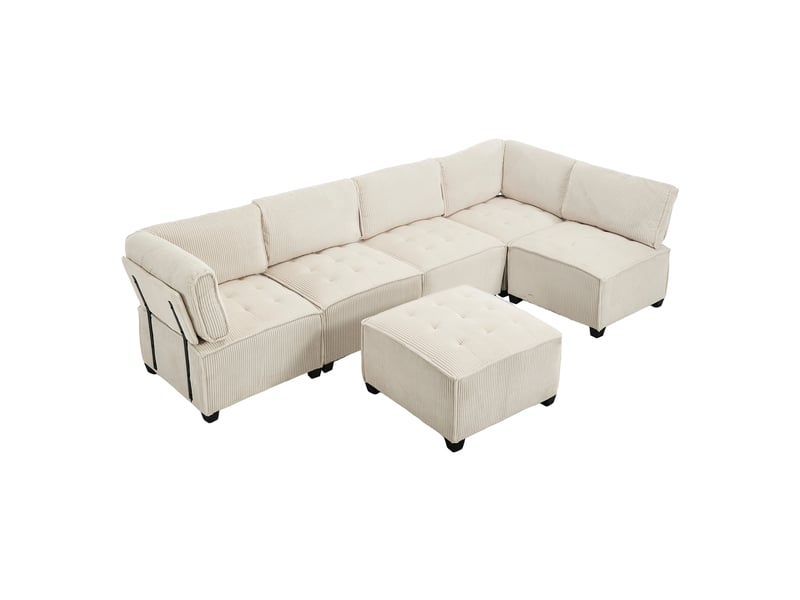  Canapé d’angle modulable 6 places 308x154x81,99 cm, forme u-l et fonction couchage, poches de rangement, structure bois-métal, velours côtelé beige  - Conforama A