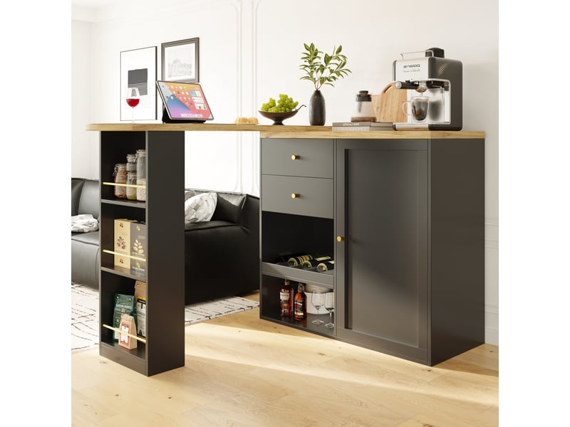  Table de bar pivotante îlot de cuisine noir en mdf avec 2 tiroirs et étagères à 3 niveaux, meuble modulable pour salle à manger  - Conforama D