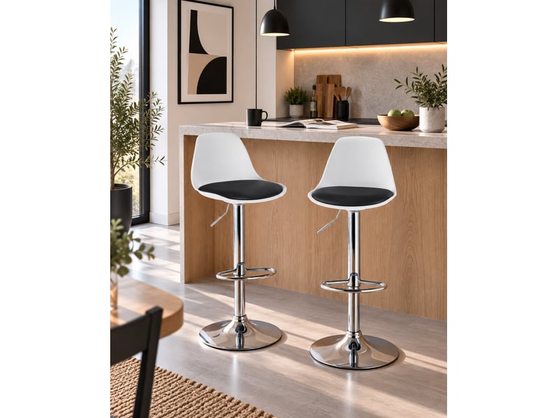  Lot de 2 tabourets de bar réglables pivotants, assise simili cuir avec coussin et dossier SIG blanc noir  - Conforama B
