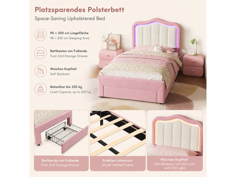  Lit enfant rose 90 × 200 cm en velours, led pilotée par application, dossier rembourré, charge maximale 220 kg  - Conforama D