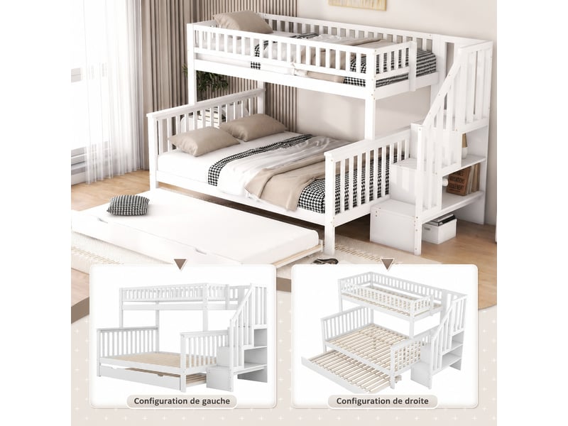  Lit superposé enfant avec escalier et rangements, lit gigogne, pin massif et mdf blanc, 90 x 200 et 140 x 200 cm  - Conforama W