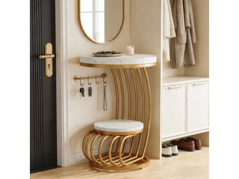 Bout de canapé rond à 2 niveaux, plateau effet marbre blanc et structure dorée - Conforama C