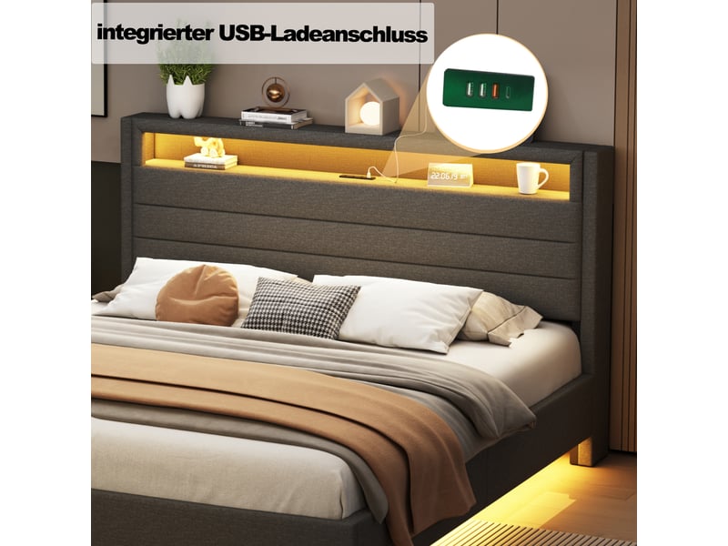  Lit 160x200 cm gris lin - éclairage led, ports usb, tête de lit réversible, design moderne  - Conforama D