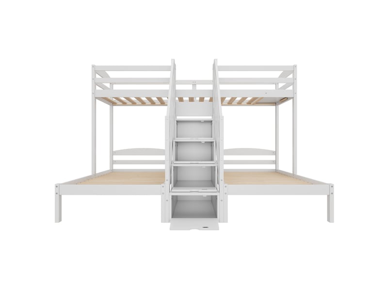 Lit mezzanine 3 couchages avec escalier à tiroirs, pin blanc, 90x200 cm - Conforama A