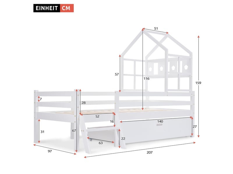 Lit 90x200cm, lit enfant avec échelle et tiroir, pin + mdf, protection, blanc, sans matelas - Conforama C