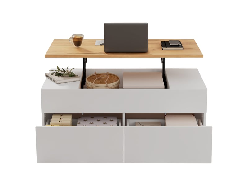  Table basse relevable 100x50 cm avec rangement caché, 2 tiroirs, bois et blanc  - Conforama W