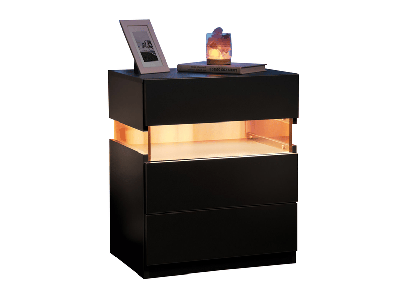  Table de chevet led noire, 3 tiroirs, panneau acrylique, design moderne  - Conforama A