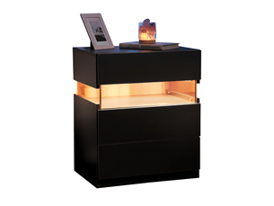 Table de chevet led noire, 3 tiroirs, panneau acrylique, design moderne