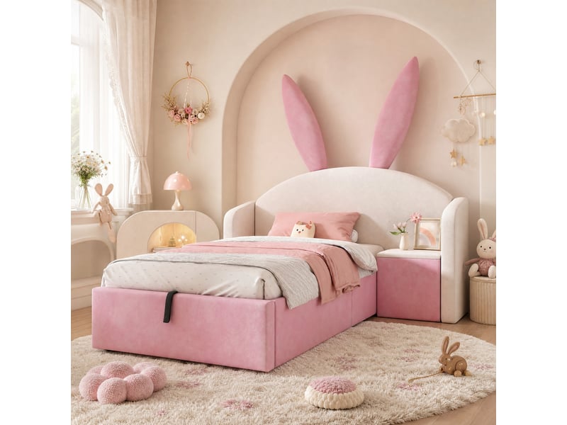  Lit enfant 90x190 cm avec rangement hydraulique, chevet réversible beige et rose  - Conforama B