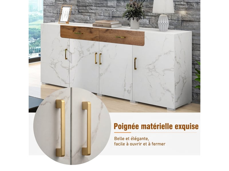 Buffet 4 portes 2 tiroirs blanc marbré meuble de rangement 208 cm pour salon  - Conforama D