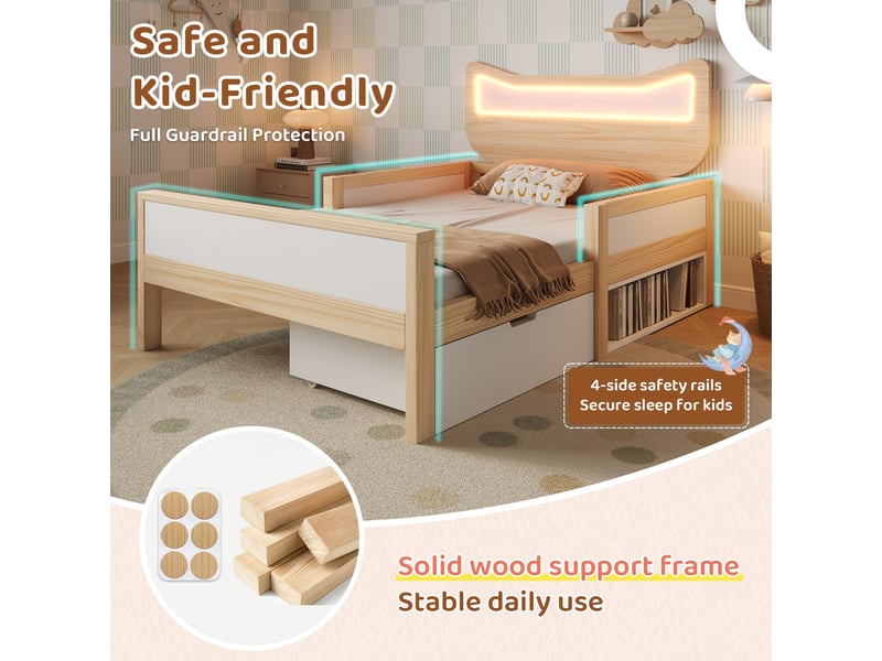  Lit enfant 140x200 tête de lit oreilles de chat avec éclairage led rgb, lit 140x200 coloris blanc et chêne avec sommier  - Conforama R