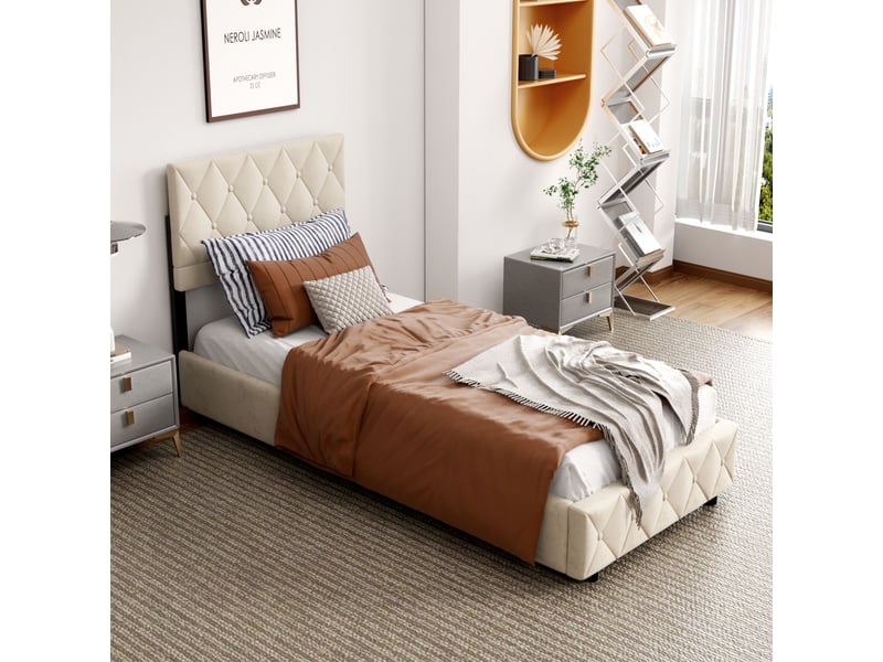 Lit 90x200 cm rembourré avec sommier à lattes beige evryae  - Conforama C