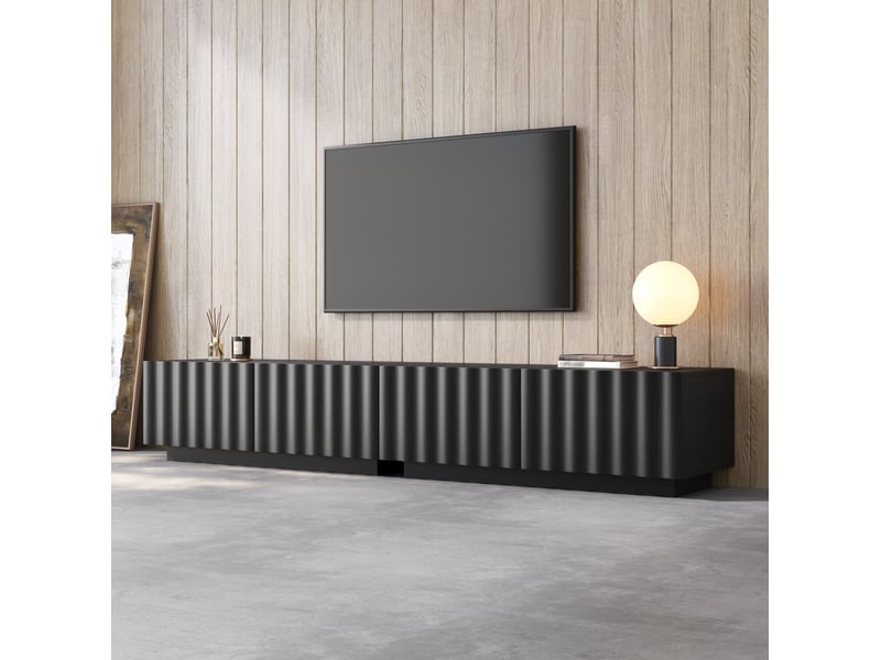  Meuble tv noir 200x40x35 cm avec façade ondulée, tiroirs, push-to-open et passe-câbles  - Conforama B