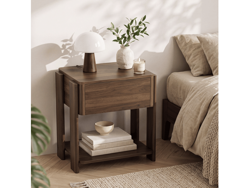  Table de chevet et bout de canapé 48x39x56 cm, 1 tiroir, rangement ouvert, mdf et panneaux de particules, noyer  - Conforama B