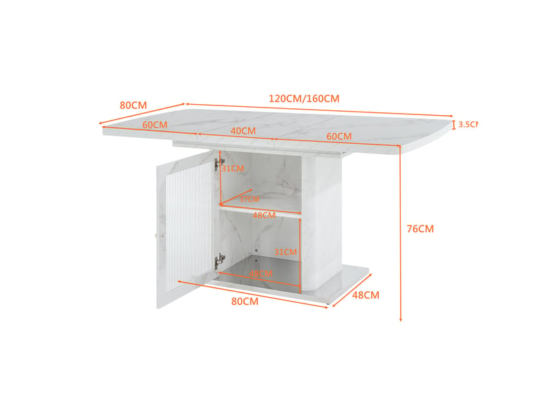  Table à manger rectangulaire extensible 120-160x80x76 cm, rangement, plateau effet marbre, mdf métal verre, blanc  - Conforama C