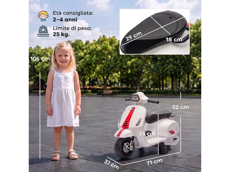  Moto électrique pour enfants avec permis vespa, batterie rechargeable 6v, roues et phares, 2-4 ans, blanche  - Conforama E