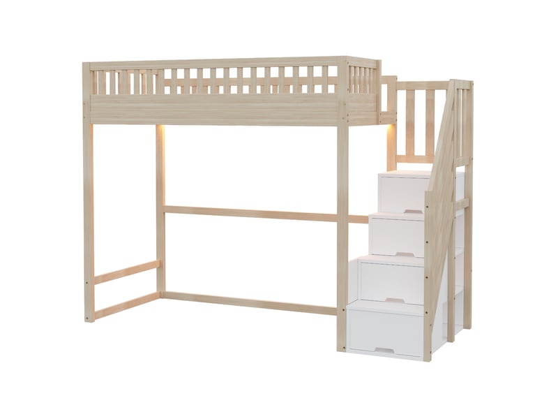  Elvmi lit mezzanine en bois naturel 90 x 200 cm avec échelle réversible, rangements intégrés, led et garde-corps  - Conforama A
