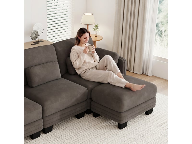 Canapé 2 places en chenille marron, canapé modulable en u avec deux poufs, assise profonde pour salon moderne - Conforama W