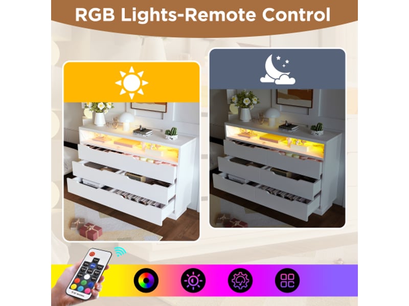  Buffet commode avec éclairage led et 6 tiroirs, compartiment de rangement effet marbre, meuble moderne pour salon et chambre, 120 x 40 x 85 cm, blanc  - Conforama D