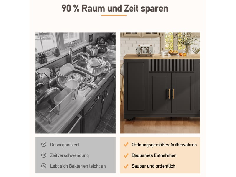  Îlot de cuisine mobile 120x50x92 cm, desserte à roulettes avec compartiment poubelle sans bac, 2 portes, 3 tiroirs, mdf, noir Seren Glow - Conforama E