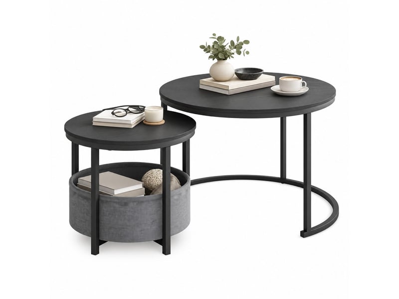  Tables basses rondes gigognes 70 x 48 cm et 50 x 40,2 cm en métal et bois avec sac de rangement noir antique chicfurn  - Conforama A