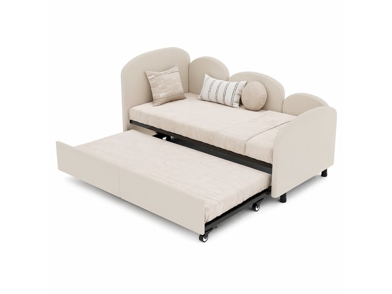 Lit banquette enfant 200×90 cm en forme de fleur avec grand tiroir de rangement, revêtement en velours beige  - Conforama A