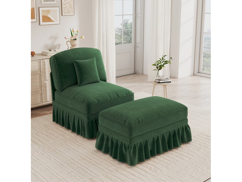  Fauteuil de salon modenvie en chenille vert avec pouf mobile, jupe à volants amovible et pieds en fuseau  - Conforama B