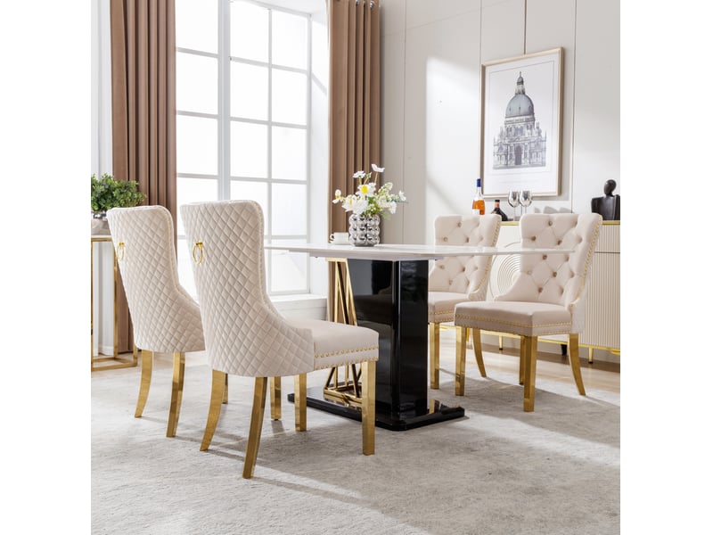  Lot de 4 chaises 65,5x51x95 cm, chaises salle à manger, velours beige, dossier heurtoir rond, pieds dorés en acier  - Conforama D