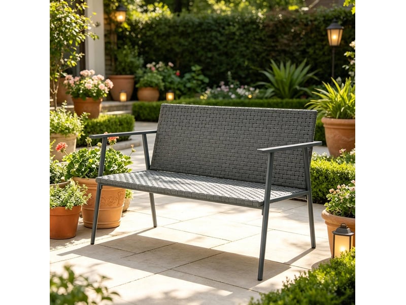 Banc de jardin 2 places 110 x 58 x 78 cm – gris et gris foncé – résine tressée, pieds réglables - Conforama D