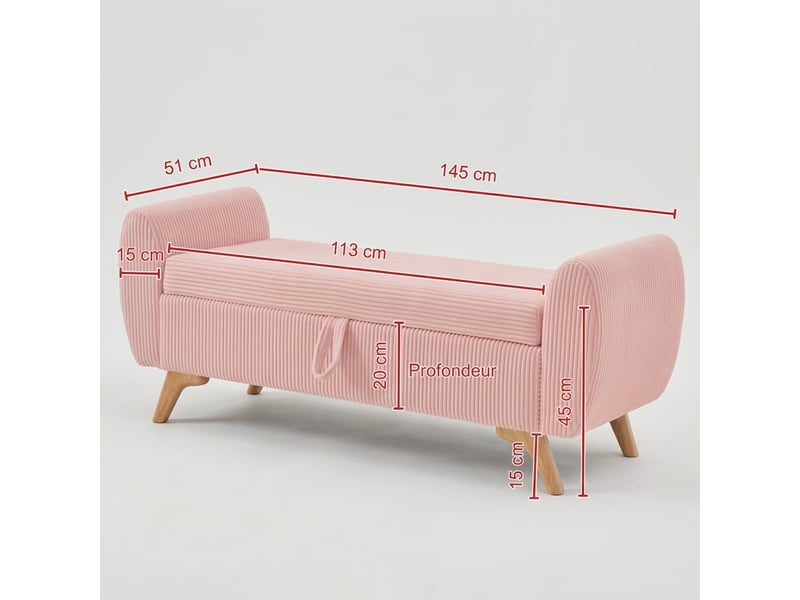  Banc de rangement rose 145 cm en velours côtelé avec coffre pliable et pieds en bois  - Conforama C