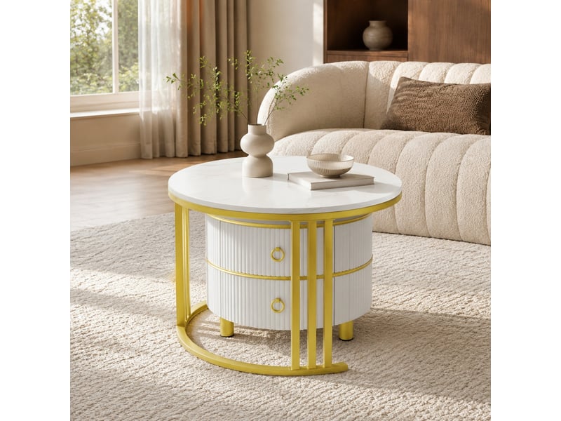Tables basses gigognes rondes avec 2 tiroirs, plateaux effet marbre et brillant, blanc et doré - Conforama B