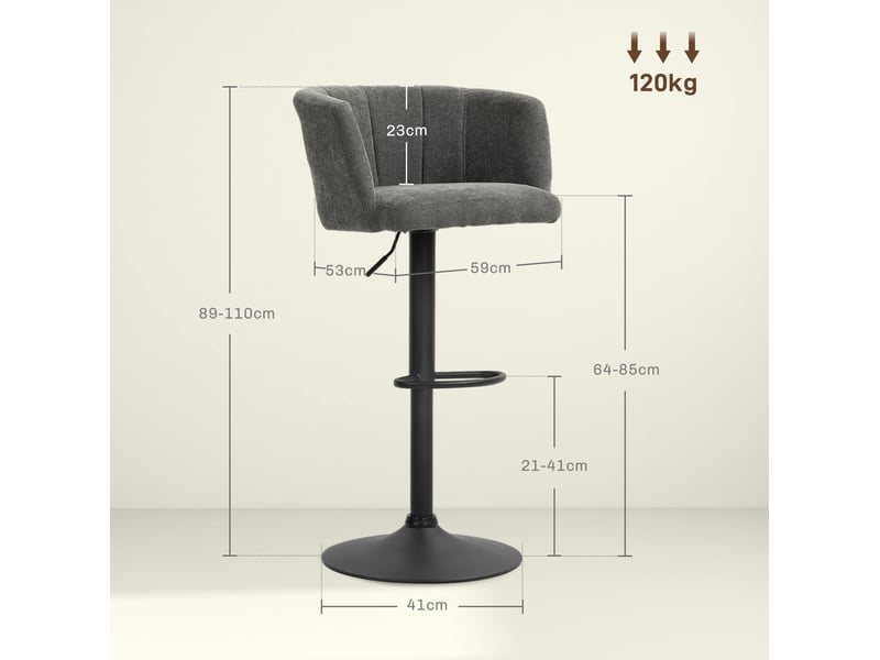  Tabouret de bar pivotant réglable avec repose-pieds, assise confortable et base métallique, polyester gris foncé  - Conforama D