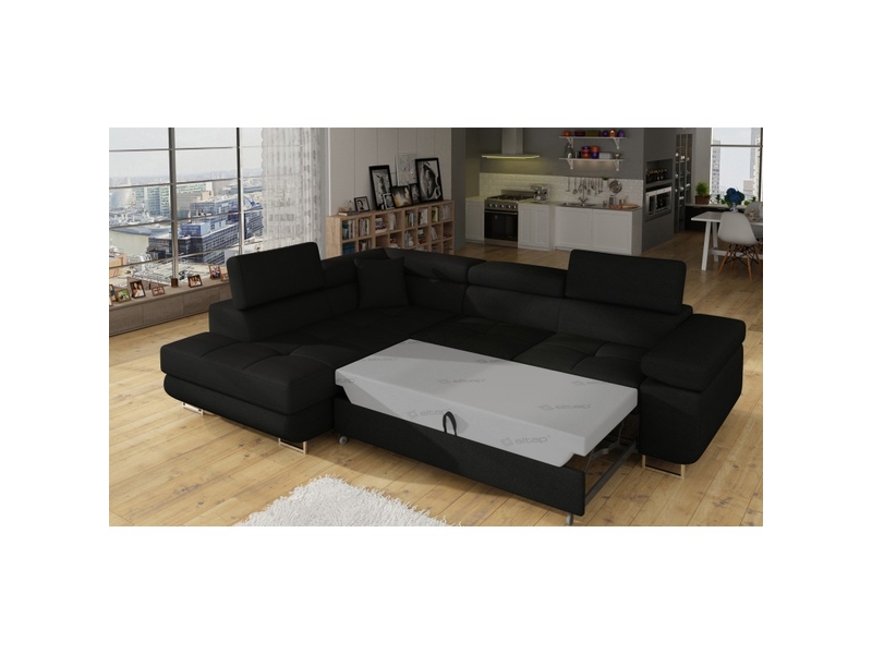  Canapé d'angle convertible menton noir – angle gauche avec coffre  - Conforama D