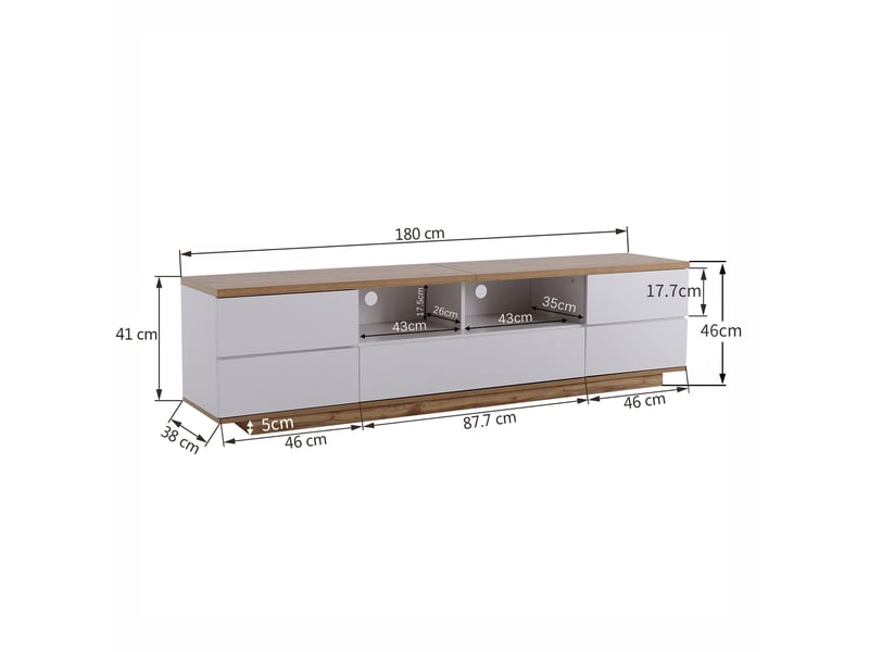  Meuble tv avec 5 portes, 2 niches et poignées dissimulées pour salon en mdf 180×38×46 cm blanc et bois  - Conforama D