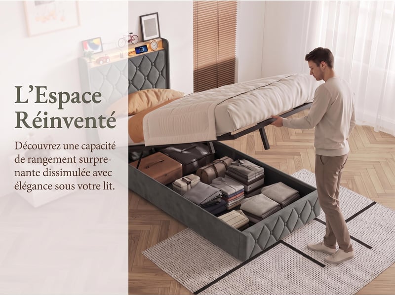 Lit adulte 90 x 200 cm – lit simple – lit coffre – éclairage led – ports usb et type‑c – sommier à lattes – velours gris - Conforama C