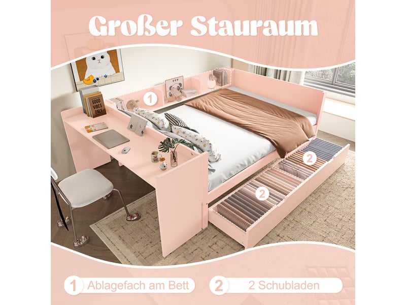  Lit double 140x200 en bois de pin avec bureau intégré et 2 tiroirs - rose  - Conforama E