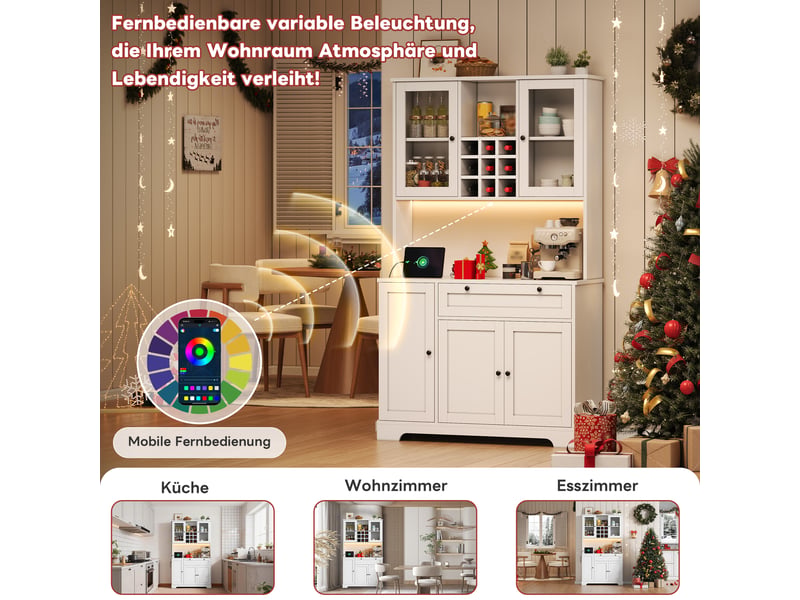  Buffet de cuisine blanc 180x105x40 cm, 5 portes en verre trempé et 1 tiroir, rangement haute capacité pour salle à manger  - Conforama R