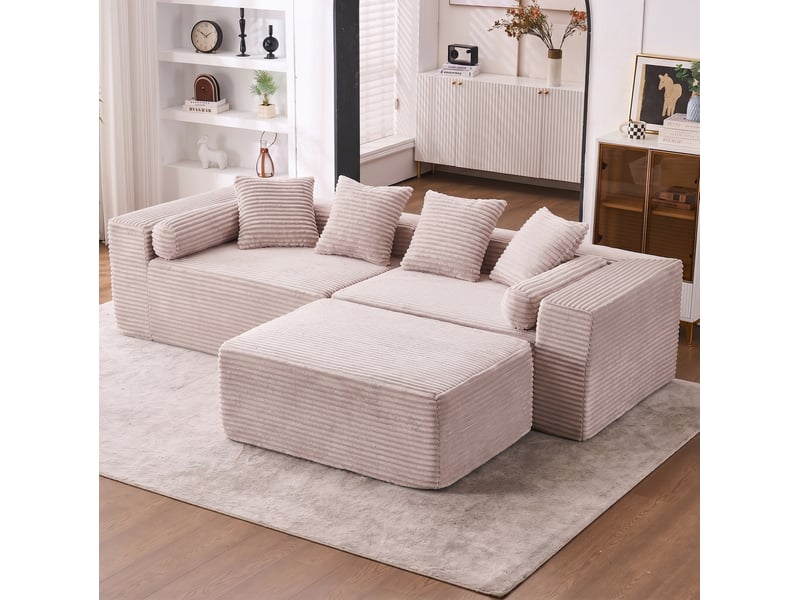 Canapé modulable d'angle compressé 217x110x60 cm 3 places en mousse, pour salon, design moderne, velours côtelé, beige - Conforama E